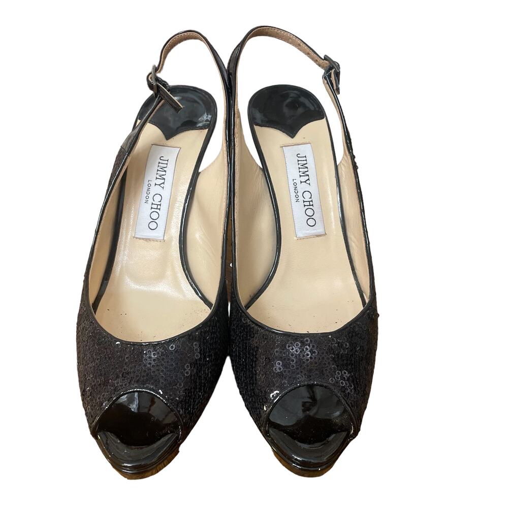 Jimmy Choo Authentic Black Sequin Slingback Heels Sz 37 (7)
